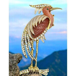 Hattie Carnegie Heron Bird Brooch Pin Coral Lucite Rhinestone Egret Unsigned VTG
